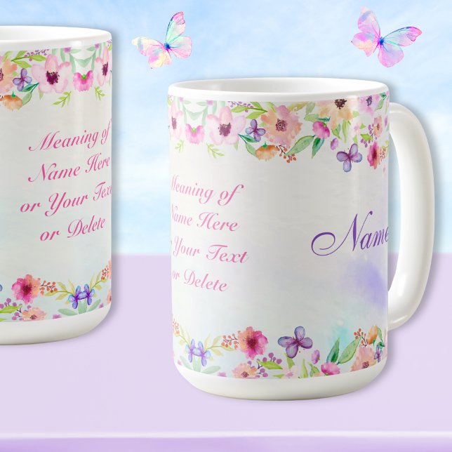 Presentes com Significado do Nome, Canecas com Sig (Personalized Name Mugs for Her. Name meaning mugs with pastel wildflowers and butterfly coffee mugs.)