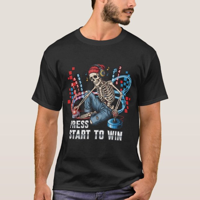 Pressione Start To Win Skeleton Gamer T-Shirt | En (Frente)