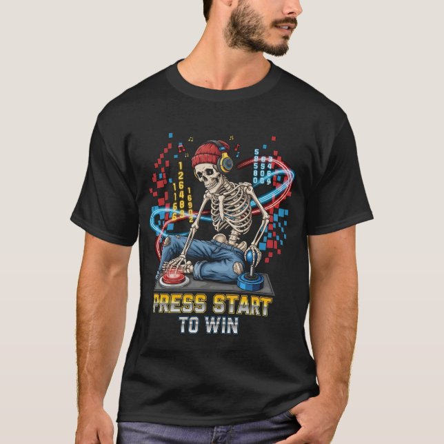 Pressione Start To Win Skeleton Gamer T-Shirt | En (Frente)