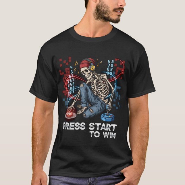 Pressione Start To Win Skeleton Gamer T-Shirt | En (Frente)