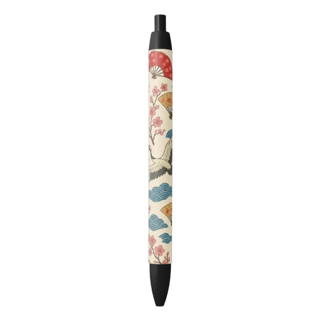 Preta Caneta com padrão de Grou Japonês e Sakura – Tradi (Frente Vertical)