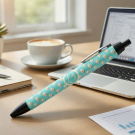 Preta Caneta Elegante com Monograma e Design de Pérolas 