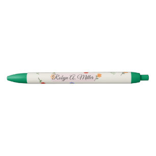 Preta Caneta Elegante Minimalista Floral com Nome Person