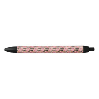 Preta Caneta Floral Rosa e Dourada