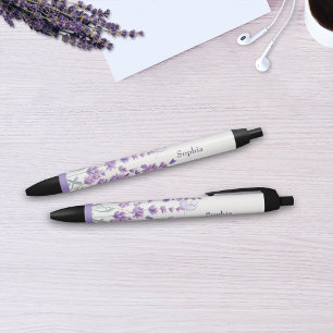 Preta Caneta Monograma Floral Lavanda Aquarela Nome