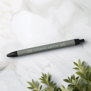 Preta Elegante Caneta Personalizada Botânica Verde Sálvi