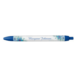 Preta Flores Azuis Elegantes Caneta de Tinta Personaliza
