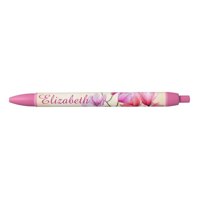 Preta Magnolia Rosa Caneta Personalizada por Aquarela (Frente)