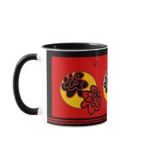 Preto amarelo vermelho amigável da caneca de café