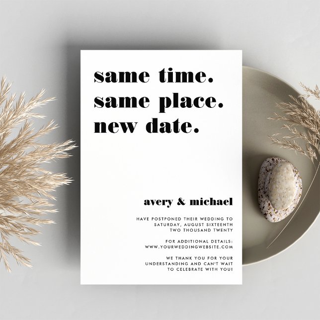 Preto | Anúncio de adiamento de casamento moderno (Criador carregado)