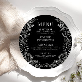 Preto branco floral redondo Menu Placa