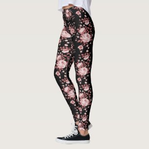 Preto com Leggings de Padrão Floral Rosa