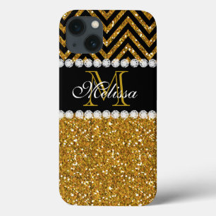 Preto Dourado Chevron do brilho Monogrammed