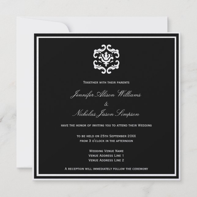 Preto e Branco do Convite de Casamento em Metálico (Frente)