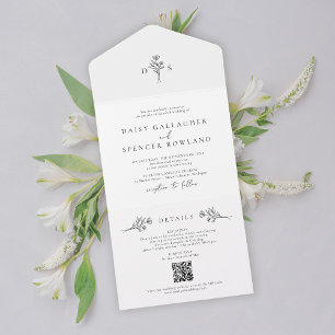 Preto e Branco Floral Simples com Casamento RSVP Q