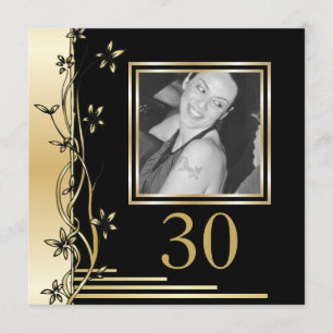 Preto e convite floral do aniversário de 30 anos