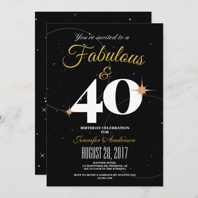 Preto e Dourado | 40 & Convite de aniversário fabu (Frente/Verso)