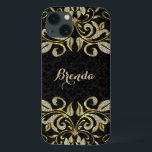 Preto Elegante E Preto Falso Dourado E Brilhante<br><div class="desc">Ouro falso elegante e diamantes brilham a espiral floral sobre os damascos florais pretos. Se precisar de ajuda para personalizar qualquer um dos meus designs,  entre em contato com o designer do ArtOnWear. Formatação de texto livre com ajuda ao vivo disponível por solicitação.</div>