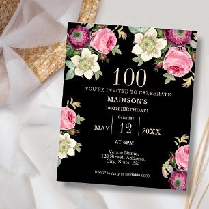 Preto Floral 100º Orçamento Convite de Aniversário