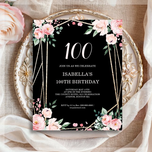 Preto Floral 100º Orçamento Convite de Aniversário (Criador carregado)