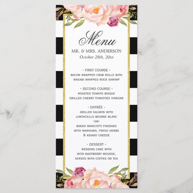 Preto Floral Moderno, Branco, Estimulado | Menu Ca (Frente)