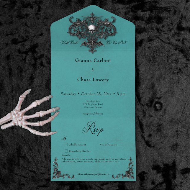 Preto Gótico e Árvore do Dia das Bruxas Sem Janto (Gothic Black & Teal Halloween Filigree No Dinner All In One Invitation)