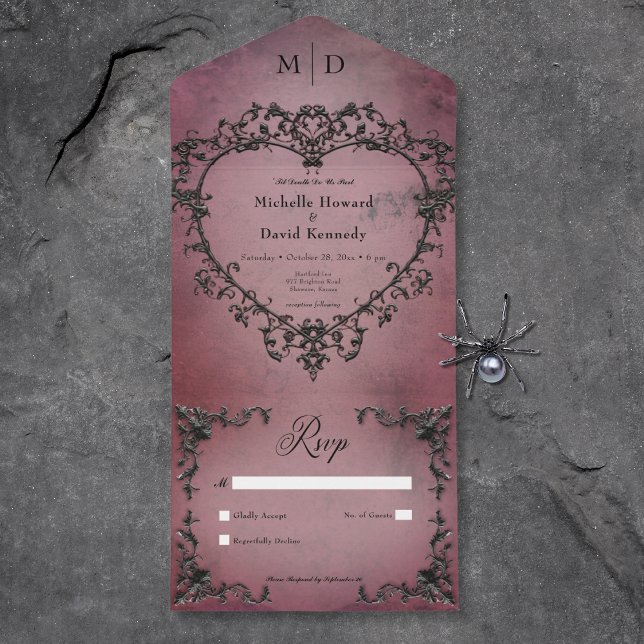 Preto Gótico e Coração Cinzento Borgonha Sem Janto (Gothic Black & Burgundy Filigree Heart No Dinner All In One Invitation)