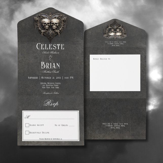 Preto Gótico e Crânios Brancos e Coração Sem Janto (Gothic Black & White Skulls & Heart All In One Wedding Invitation without Dinner Options)