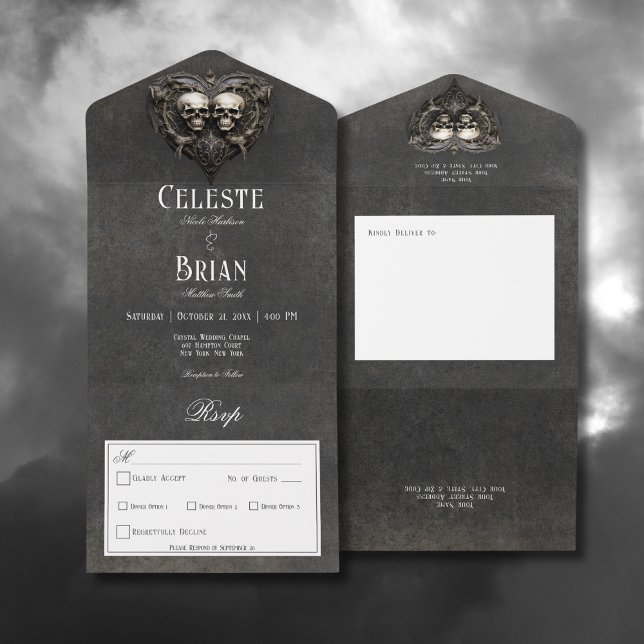 Preto Gótico e Crânios Brancos e Janto do Coração (Gothic Black & White Skulls & Heart All In One Wedding Invitation with Dinner Options)