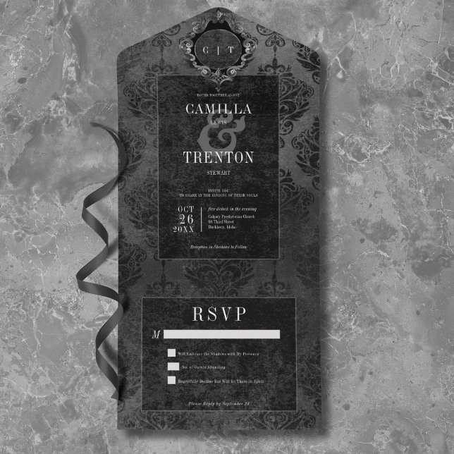 Preto Gótico Escuro e Damasco Preto Sem Janto (Dark Gothic Black & Black Damask No Dinner All In One Invitation)