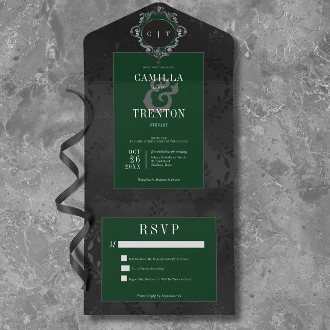 Preto Gótico Escuro e Satã Floral Verde Sem Janto (Dark Gothic Black & Green Floral Satin No Dinner All In One Invitation)