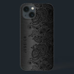 Preto Metálico com rendas de salsa pretas<br><div class="desc">Olhar de alumínio esfregado com design de cinza metálico preto escuro e esfregado,  com um lugar de paisley floral preto. Monograma personalizável e opcional</div>