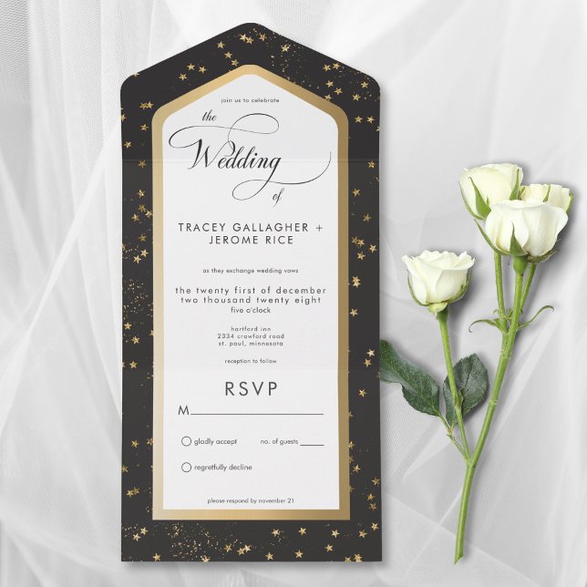 Preto Moderno e Branco Starry Dourado Sem Janto (Modern Black & White Starry Gold All In One Wedding Invitation without Dinner Options)