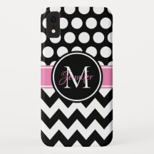 Preto Rosa e Branco Chevron Bolinhas Monograma