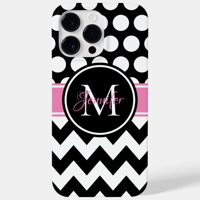 Preto Rosa e Branco Chevron Bolinhas Monograma (Verso)