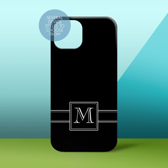 Preto sólido com monograma branco clássico (Personalized Phone Case - Solid Black Background with Monogram)