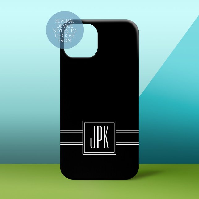 Preto sólido com monograma triplo (Personalized Phone Case - Solid Black Background with Monogram)