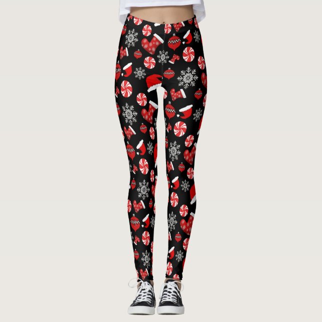 Preto Vermelho Branco Feliz Leggings de Natal (Frente)