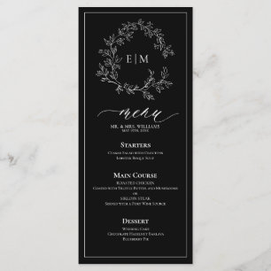 Preto White Leafy Crest Monograma Menu Casamento