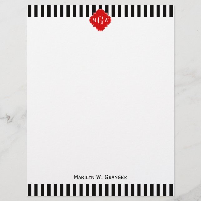Preto White Stripe Vermelho Quatrefoil 3 Monograma (Frente)