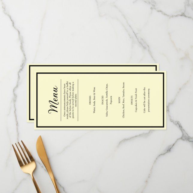 Pretty Butter Yellow Wedding Reception Dinner Menu (Frente/Verso In Situ)