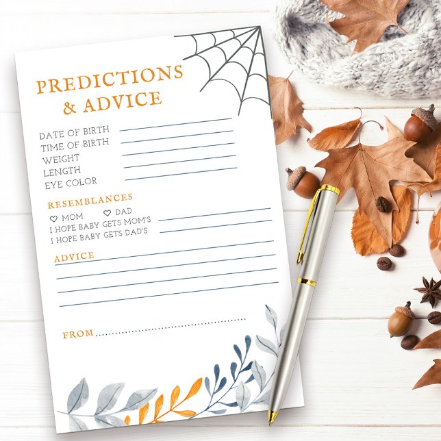 Previsões Aconselhar Atividade de Chá de fraldas d (Predictions & Advice halloween themed baby shower activity with fall leaves and cobweb)
