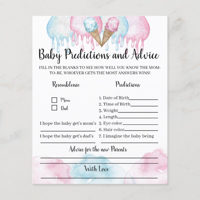 Previsões de bebês e jogo de sorvete de conselhos. (Frente)