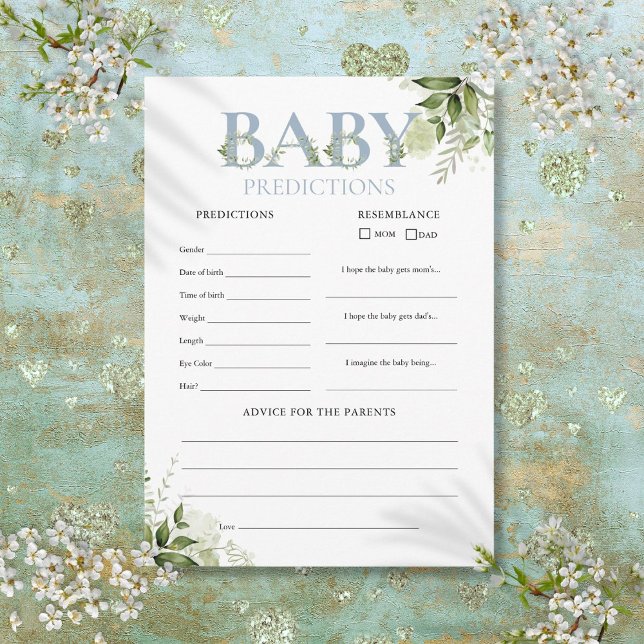Previsões do Bebê Cartão de Jogo da Festa de Chás  (Baby Predictions Greenery Baby Shower Game Card)