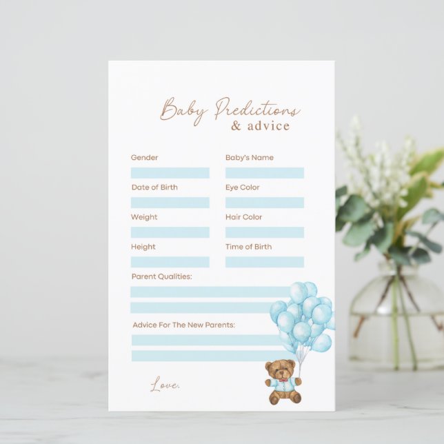 Previsões e Dicas para Baby Shower do Bebê Urso Az (Em pé/Frente)