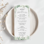 Primavera Eucalyptus Greenery Bod Menu Plana<br><div class="desc">Este cardápio de casamento verde de primavera eucalipto é perfeito para uma celebração moderna de casamento. A design apresenta uma cor d'água,  uma folhagem verde de eucalipto pintada manualmente,  inspiradora beleza natural.</div>
