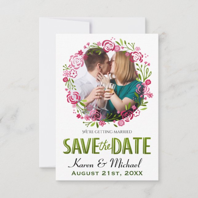 Primavera Floral Wreath Custom Photo Save the Date (Frente)