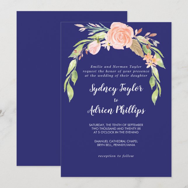 Primavera Peony Marinho Convite Formal Casamento (Frente/Verso)