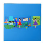 Primaveras de Palma Atômica Azulejo cerâmico do co<br><div class="desc">Este Azulejo cerâmico de Primaveras de Palma Atômica é uma sofisticação de gatinho no seu mais fabuloso! O estilo dos anos 60, design de arte minimalista, apresenta uma lareira de pedra moderna do médio século numa sombra de azul que se coordena perfeitamente com o cobalto brilhante do resto da sala...</div>