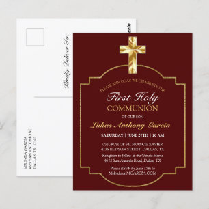 Primeira Comunhão Cruz Dourada Burgundy Convite El